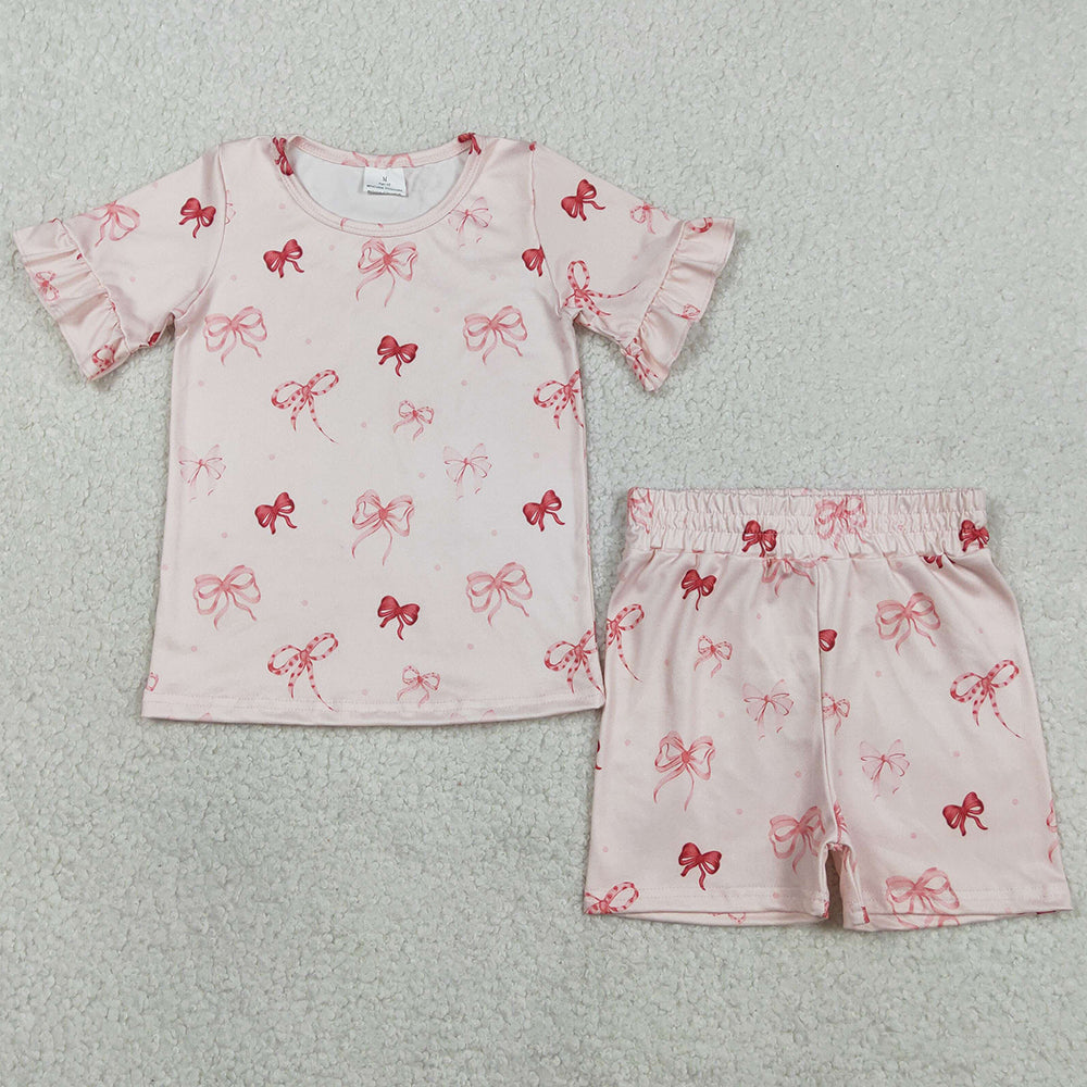 Baby Girls Clothes Pink Bows Top Ruffle Shorts Pajamas Sets GSSO2996