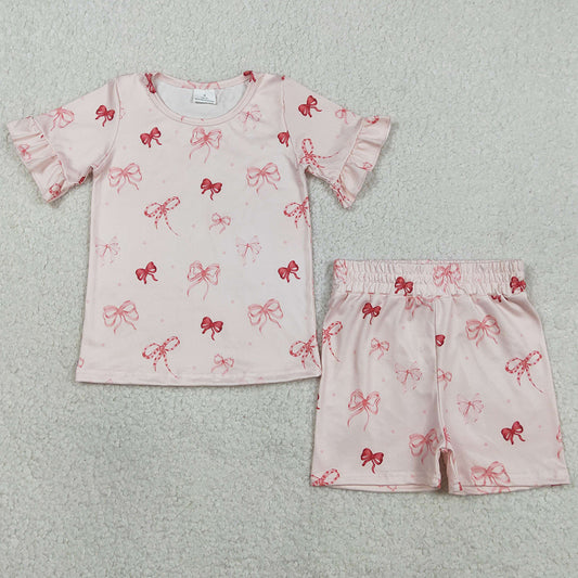 Baby Girls Clothes Pink Bows Top Ruffle Shorts Pajamas Sets GSSO2996