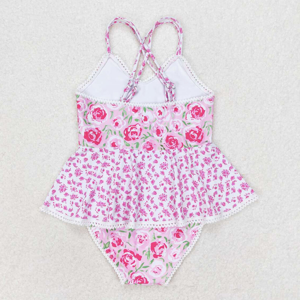 Baby Girls Swimsuits Pink Rose Flowers Ruffle One Piece Swimsuits S0247