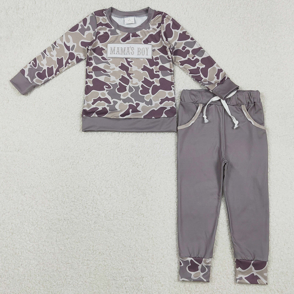 Baby Boys Clothes Embroidery Mama's Boy Dark Grey Camo Pockets Jogger Pants Clothes Sets BLP1333 11.17