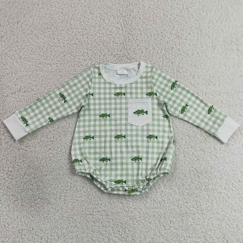 Baby Boys Rompers Long Sleeve Fishes Green Checked Pocket Hunting Rompers LR3001