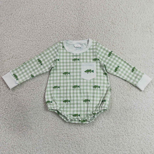 Baby Boys Rompers Long Sleeve Fishes Green Checked Pocket Hunting Rompers LR3001