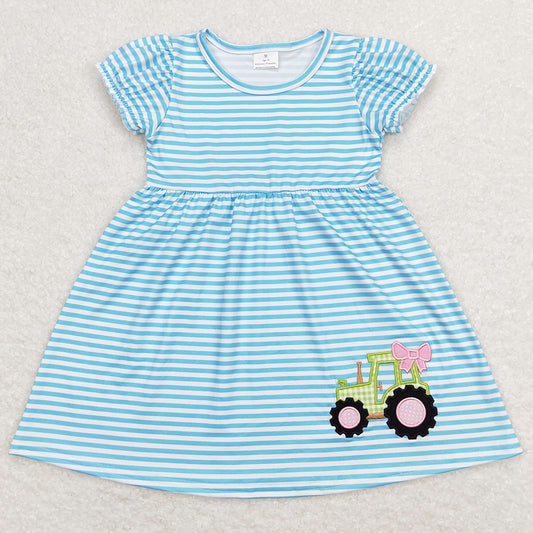 Baby Girls Dress Blue Stripes Tractor Bow Knee Length Dresses GSD0835