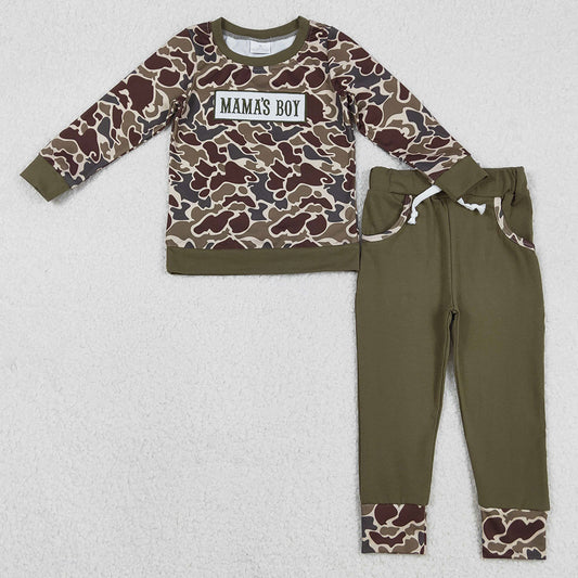 Baby Boys Clothes Embroidery Mama's Boy Dark Khaki Camo Top Pockets Jogger Pants Clothes Sets BLP1330 11.21