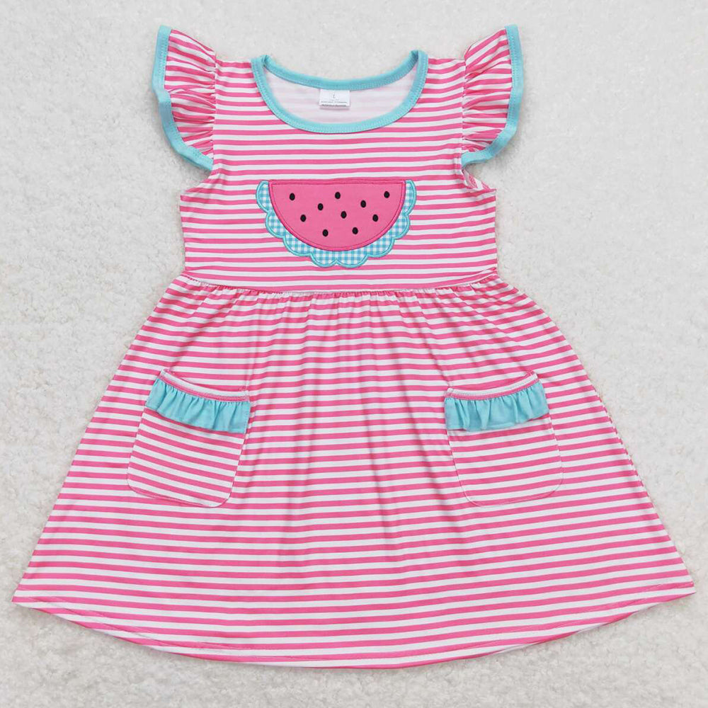 Baby Girls Dress Pink Stripes Watermelon Flutter Sleeve Knee Length Dresses GSD0964