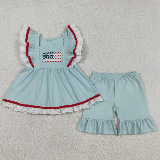 Baby Girls Clothes Embroidery Flags Flutter Sleeve Tunic Ruffle Shorts 4th of July Clothes Sets GSSO2926