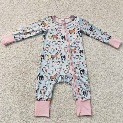 Baby Girls Rompers Long Sleeves Horses Chicks Farm Zip Convertible Rompers LR2401