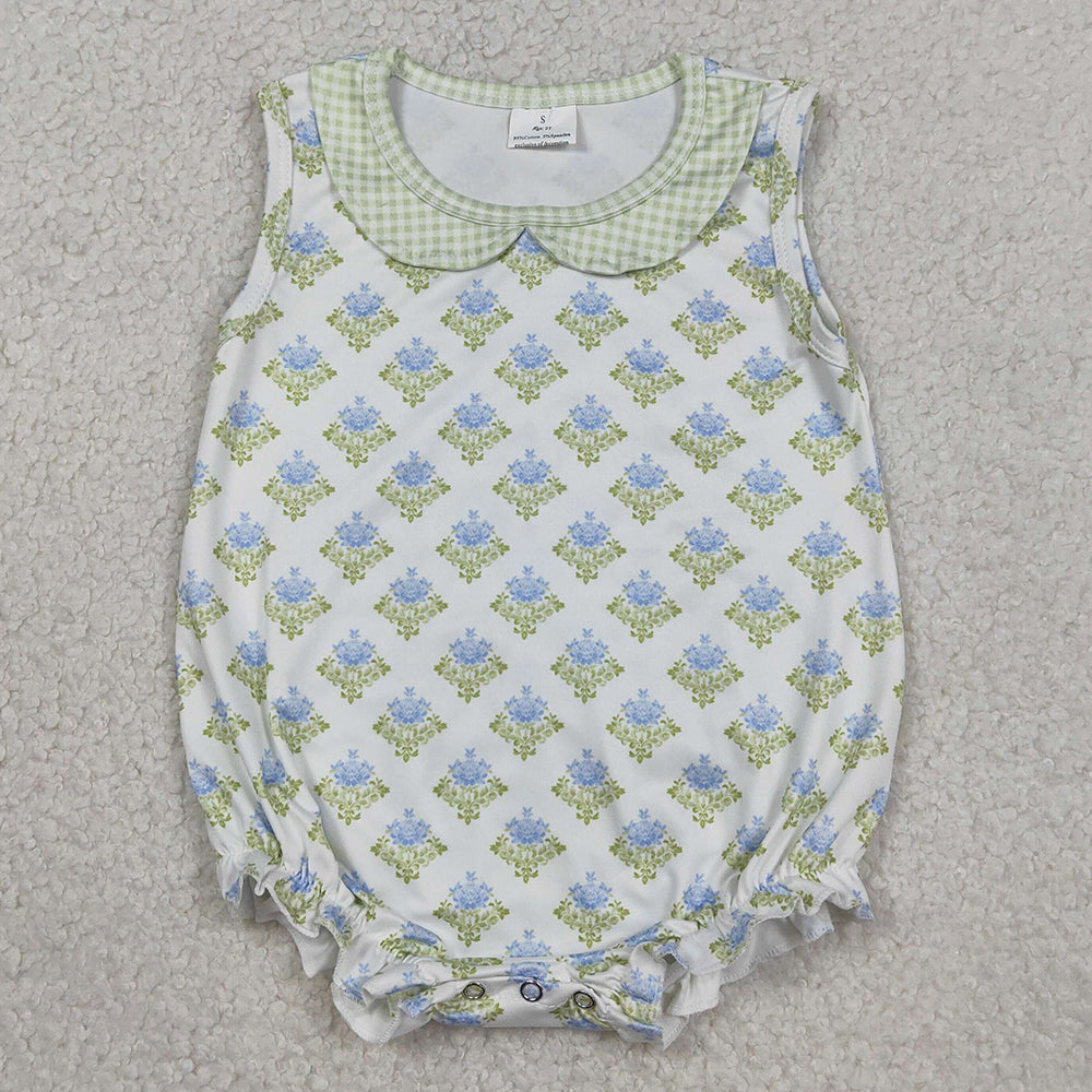 Baby Girls Rompers Sleeveless Flowers Plaid Collar Ruffle Rompers SR3513