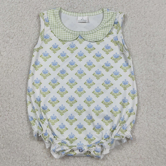 Baby Girls Rompers Sleeveless Flowers Plaid Collar Ruffle Rompers SR3513