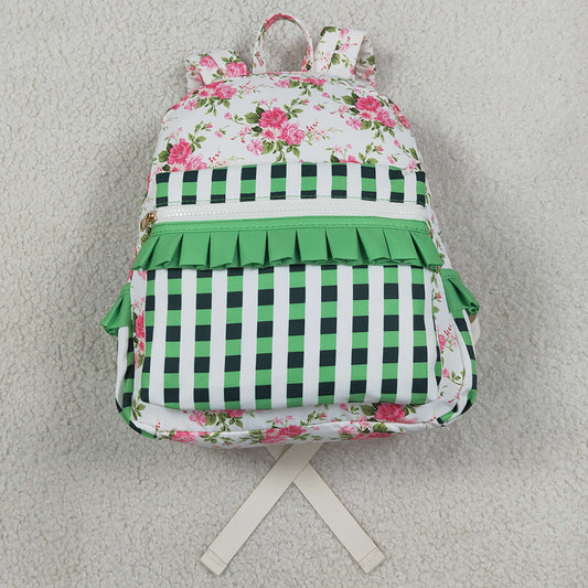 Baby Girls Backpacks Green Checkered Flowers Backpack School Zip Bags BA0218
