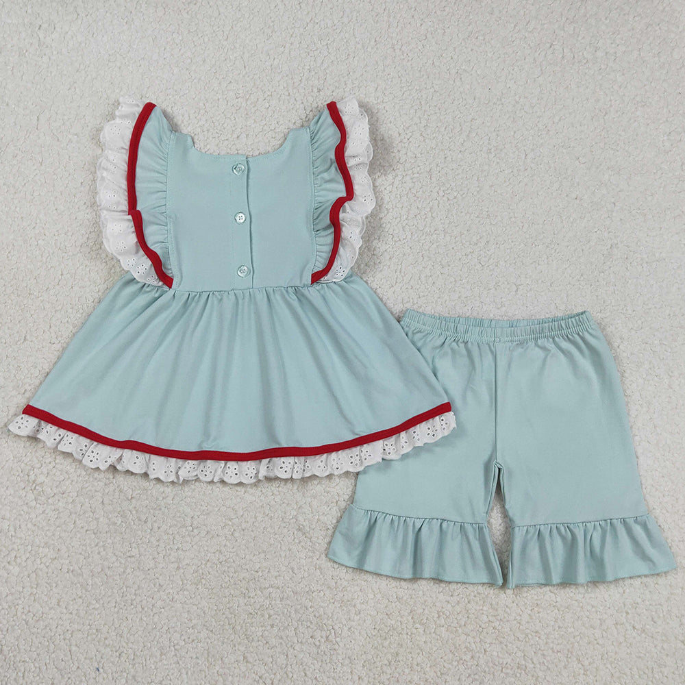 Baby Girls Clothes Embroidery Flags Flutter Sleeve Tunic Ruffle Shorts 4th of July Clothes Sets GSSO2926