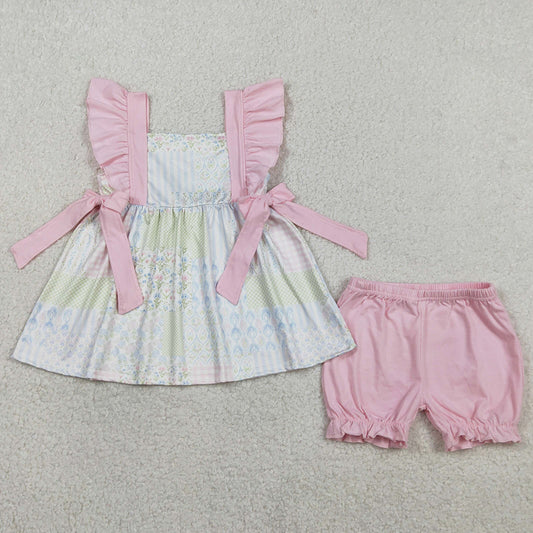 Baby Girls Clothes Bows Flowers Checked Tunic Ruffle Shorts Clothes Sets GSSO2951