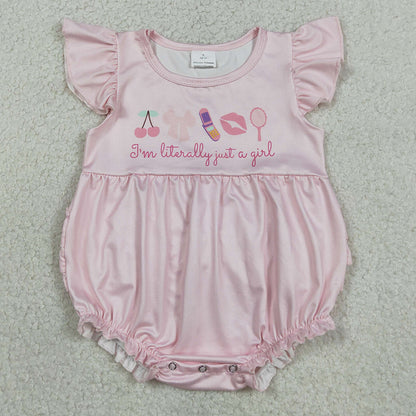 Baby Girls Rompers Pink Flutter Sleeve Cherry Bows I'm Just a Girl Ruffle Rompers SR3825