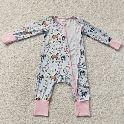 Baby Girls Rompers Long Sleeves Horses Chicks Farm Zip Convertible Rompers LR2401