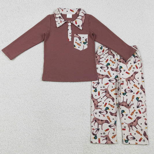 Baby Boys Clothes Brown Button Pocket Top Ducks Call Dogs Pant Hunting Clothes Set BLP1229 12.5