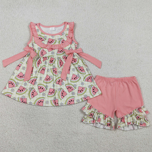 Baby Girls Clothes Green Checked Flowers Watermelons Tunic Ruffle Shorts Clothes Sets GSSO3118
