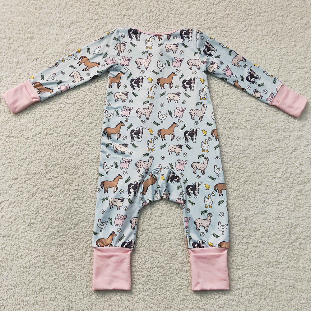 Baby Girls Rompers Long Sleeves Horses Chicks Farm Zip Convertible Rompers LR2401