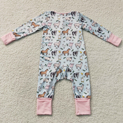 Baby Girls Rompers Long Sleeves Horses Chicks Farm Zip Convertible Rompers LR2401