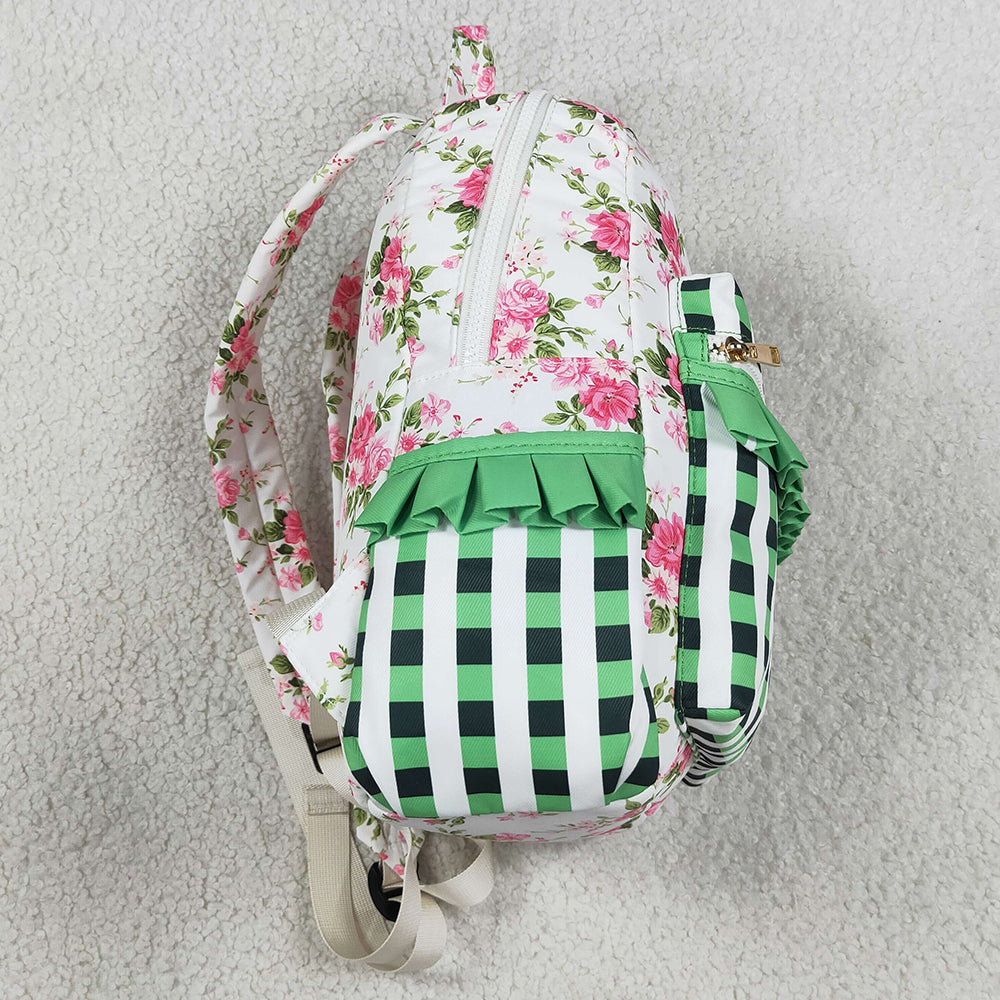 Baby Girls Backpacks Green Checkered Flowers Backpack School Zip Bags BA0218