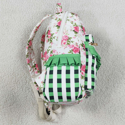 Baby Girls Backpacks Green Checkered Flowers Backpack School Zip Bags BA0218