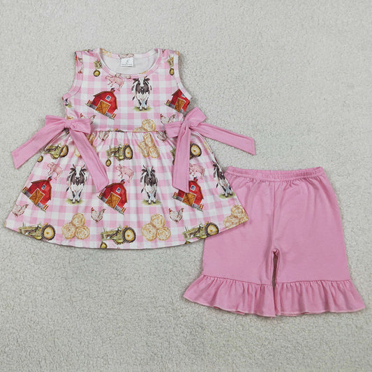 Baby Girls Clothes Sleeveless Pink Checked House Cows Tunic Ruffle Shorts Farm Clothes Sets GSSO3100