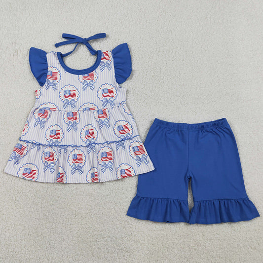 Baby Girls Clothes Blue Stripe Bows Flags Tunic Ruffle Short 4th of July Clothes Sets GSSO3296