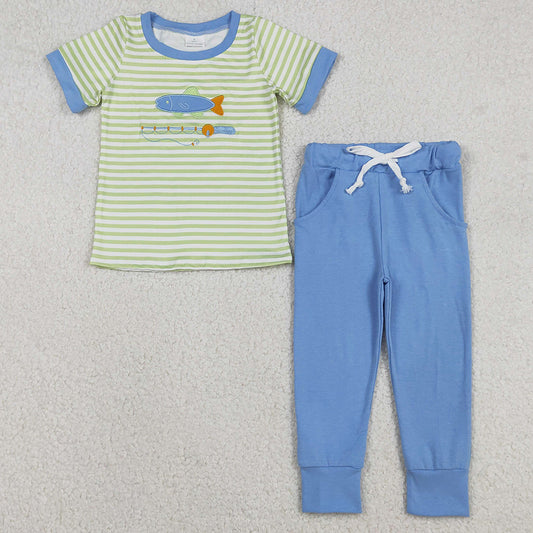 Baby Boys Clothes Embroidery Fishing Stripe Top Pockets Leggings Hunting Clothes Sets BSPO0612 12.3