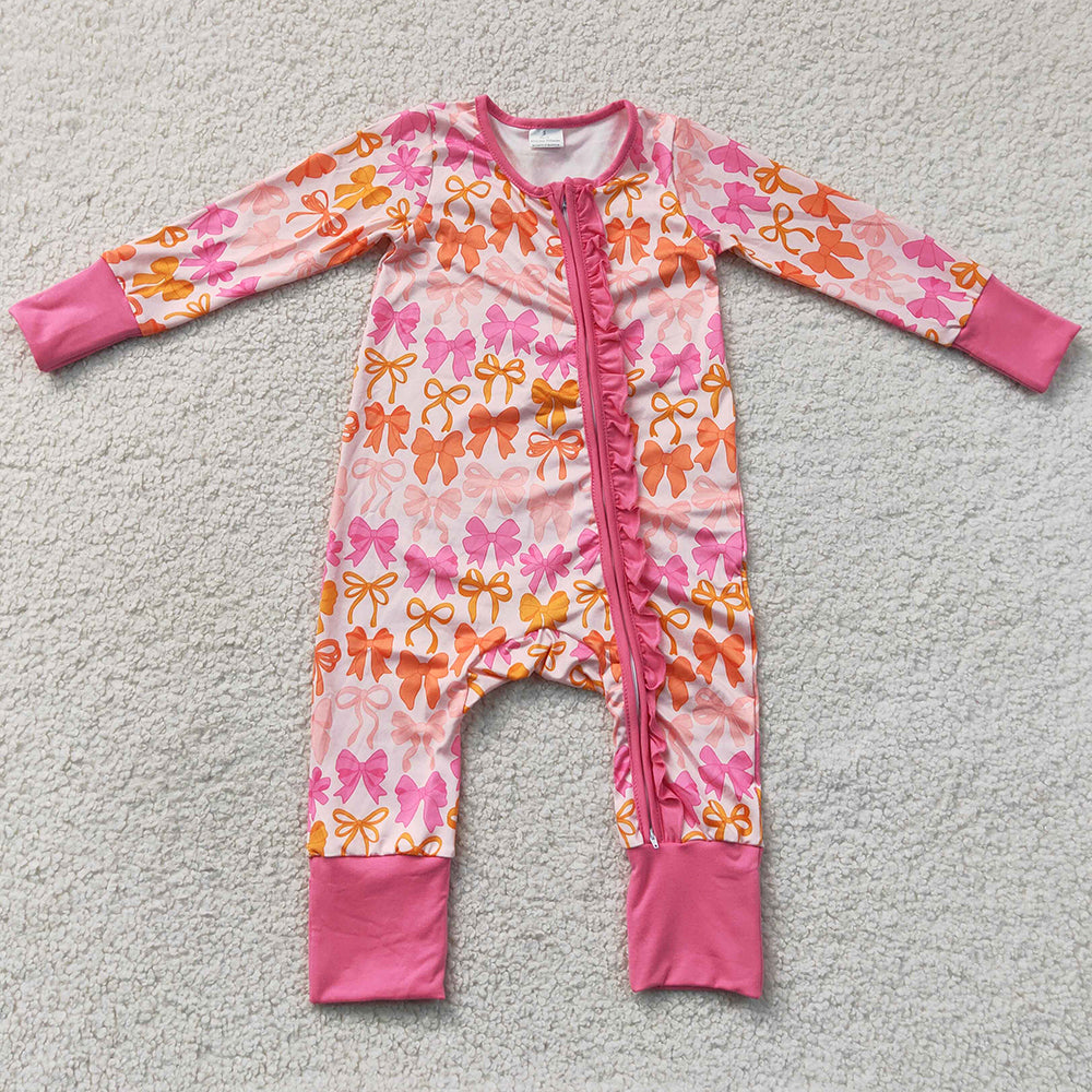 Baby Girls Rompers Long Sleeves Bows Ruffle Zip Convertible Rompers LR2567