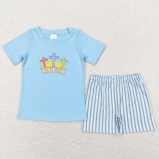 Baby Boys Clothes Easter He Is Risen Cross Short Sleeve Top Short Sets BSSO0356