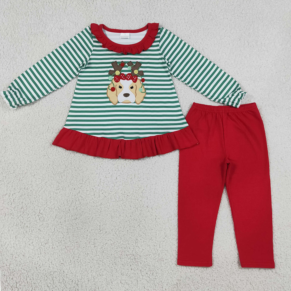 Baby Girls Clothes Embroidery Lights Dog Green Stripe Tunic Leggings Christmas Clothes Sets GLP3494
