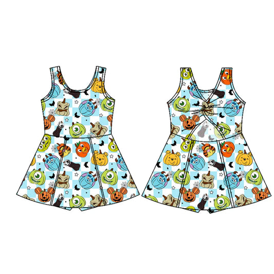 Preorder (moq 5)Baby Girls Sleeveless Cartoon Pumpkins Plaid Shorts Knee Length Dresses 7.16