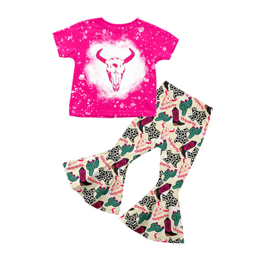 Preorder (moq 5)Baby Girls Hot Pink Short Sleeves Bull Skull Top Cactus Bell Bottom Pant Set 5.12