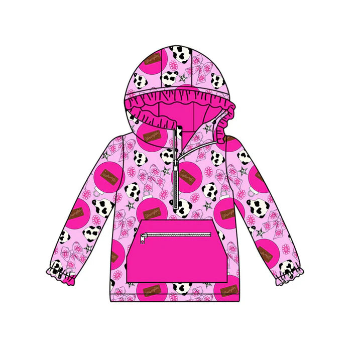 Preorder(moq 5)Baby Girls Western Cow Print Flowers Bows Pockets Zipper Hoodie Tops 8.30