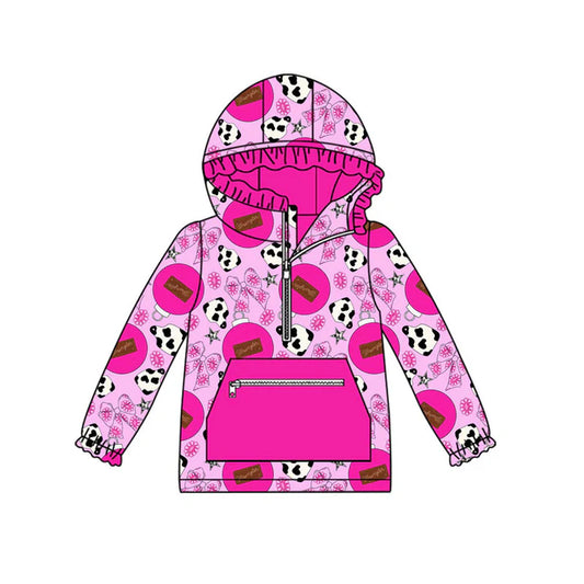 Preorder(moq 5)Baby Girls Western Cow Print Flowers Bows Pockets Zipper Hoodie Tops 8.30