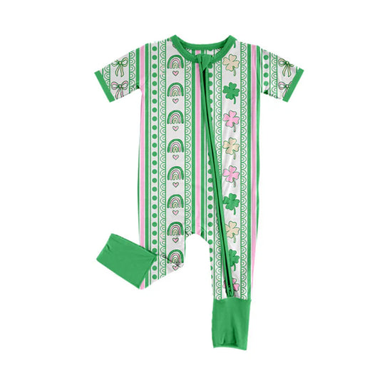 Preorder (moq 8)Baby Boys Green Clovers Stripe St Patrick Zipper Footie Rompers 9.15