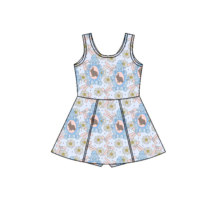 Preorder (moq 5)Baby Girls Sleeveless Flowers Rabbits Shorts Easter Knee Length Dresses 12.27