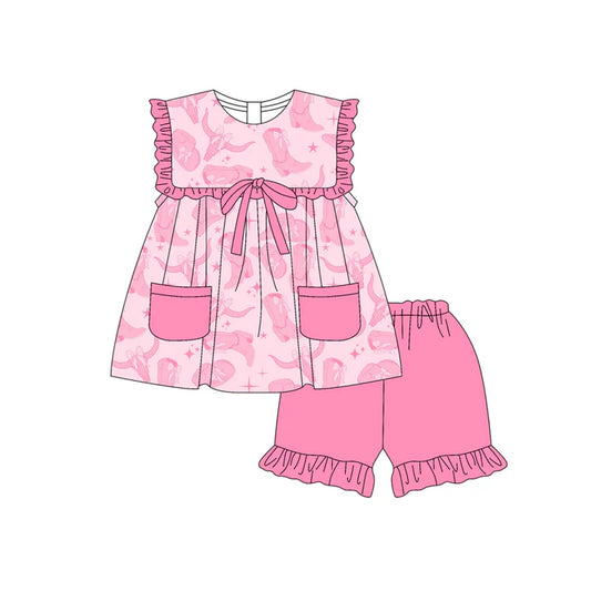 Preorder (moq 5)Baby Girls Pink Sleeveless Chicks Boots Bull Skulls Pockets Tunic Ruffle Shorts Set 4.23