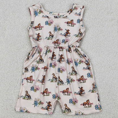 Baby Girls Jumpsuits Western Rodeo Horse Flowers Pockets Jumpsuits SR2695