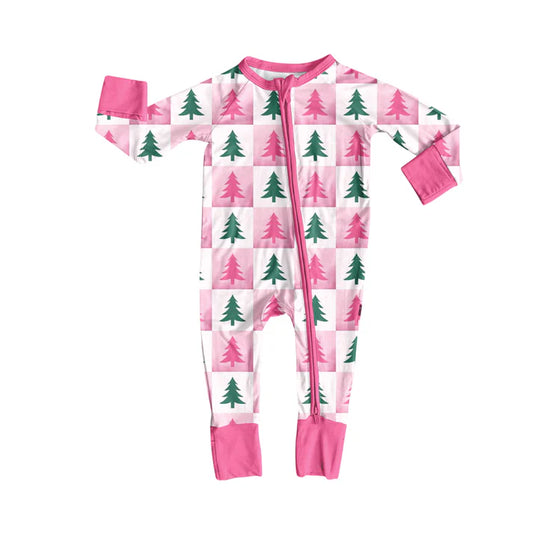 Preorder (moq 5)Baby Girls Long Sleeves Pink Green Trees Plaid Zipper Romper 7.2
