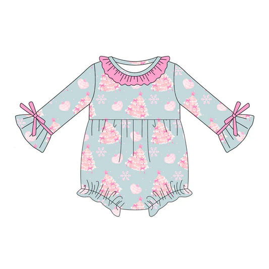 Preorder (moq 5)Baby Girls Blue Long Sleeves Snowflake Trees Ruffle Rompers 5.16