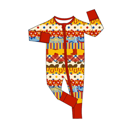 Preorder (moq 5)Baby Girls Red Long Sleeves Horse Shoes Aztec Stripes Zipper Rompers 6.4