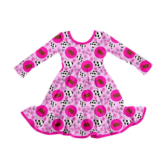 Preorder (moq 5)Baby Girls Hot Pink Cow Print Flowers Bows Western Ruffle Knee Length Dress 8.30