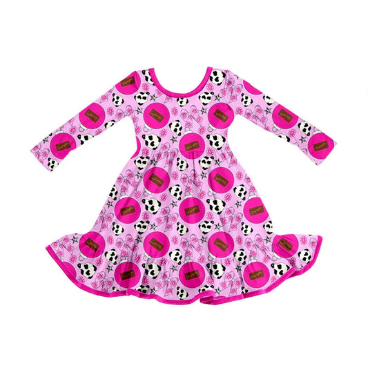 Preorder (moq 5)Baby Girls Hot Pink Cow Print Flowers Bows Western Ruffle Knee Length Dress 8.30