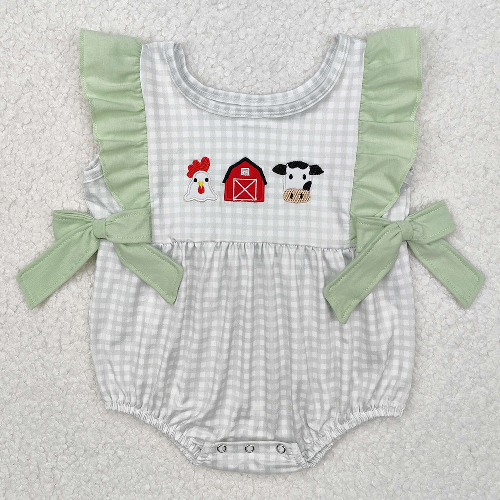 Baby Infant Girls Rompers Green Checkered Farm Chicken Cow Bows Rompers SR2184