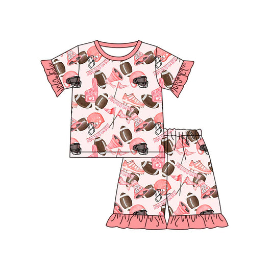 Preorder (moq 5)Baby Girls Pink Short Ruffle Sleeves Footballs Flags Top Short Pajamas Set 4.24