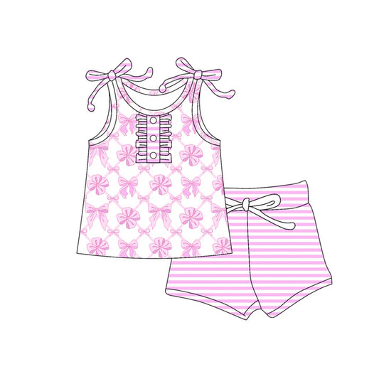 Preorder moq 5 Baby Girls Strap Button Bows Plaid Tunic Pink Stripe Short Set 4.17