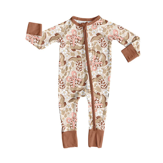 Preorder (moq 5)Baby Girls Long Sleeves Brown Cow Print Bows Boots Flowers Zipper Romper 7.2