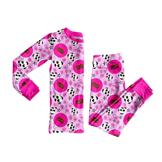 Preorder (moq 5)Baby Girls Hot Pink Cow Print Flowers Bows Top Pants Western Pajamas Sets 8.30
