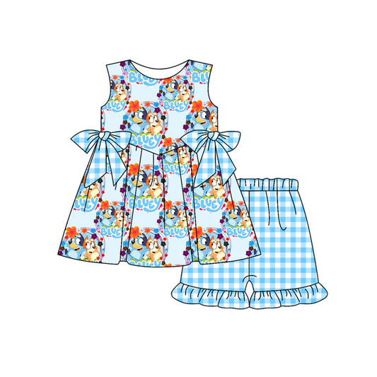 Preorder moq 5 Baby Girls Blue Sleeveless Cartoon Dogs Bows Tunic Plaid Ruffle Short Set 4.17