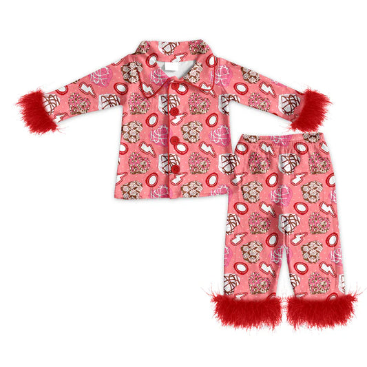 Preorder (moq 5)Baby Girls Turquoises Hearts Button Top Pants Western Fur Sleeve Pajamas Sets 11.22